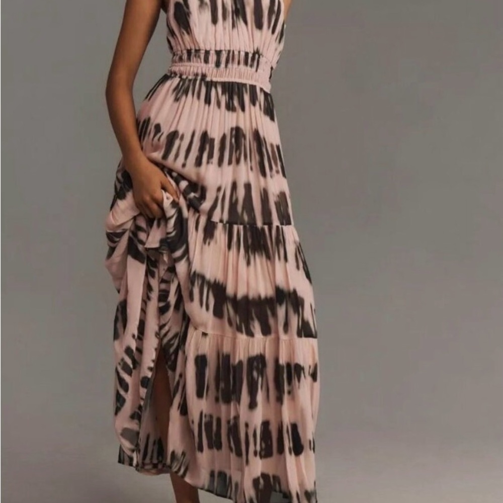 Anthropologie Somerset Maxi Dress Halter  ~ Pale Pink/Black Pattern Size Medium